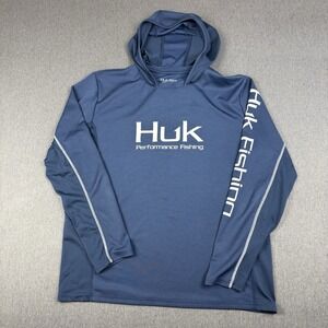 Huk Performance Fishing Hoodie Mens Large Blue Long Sleeve Sun Shirt Logo